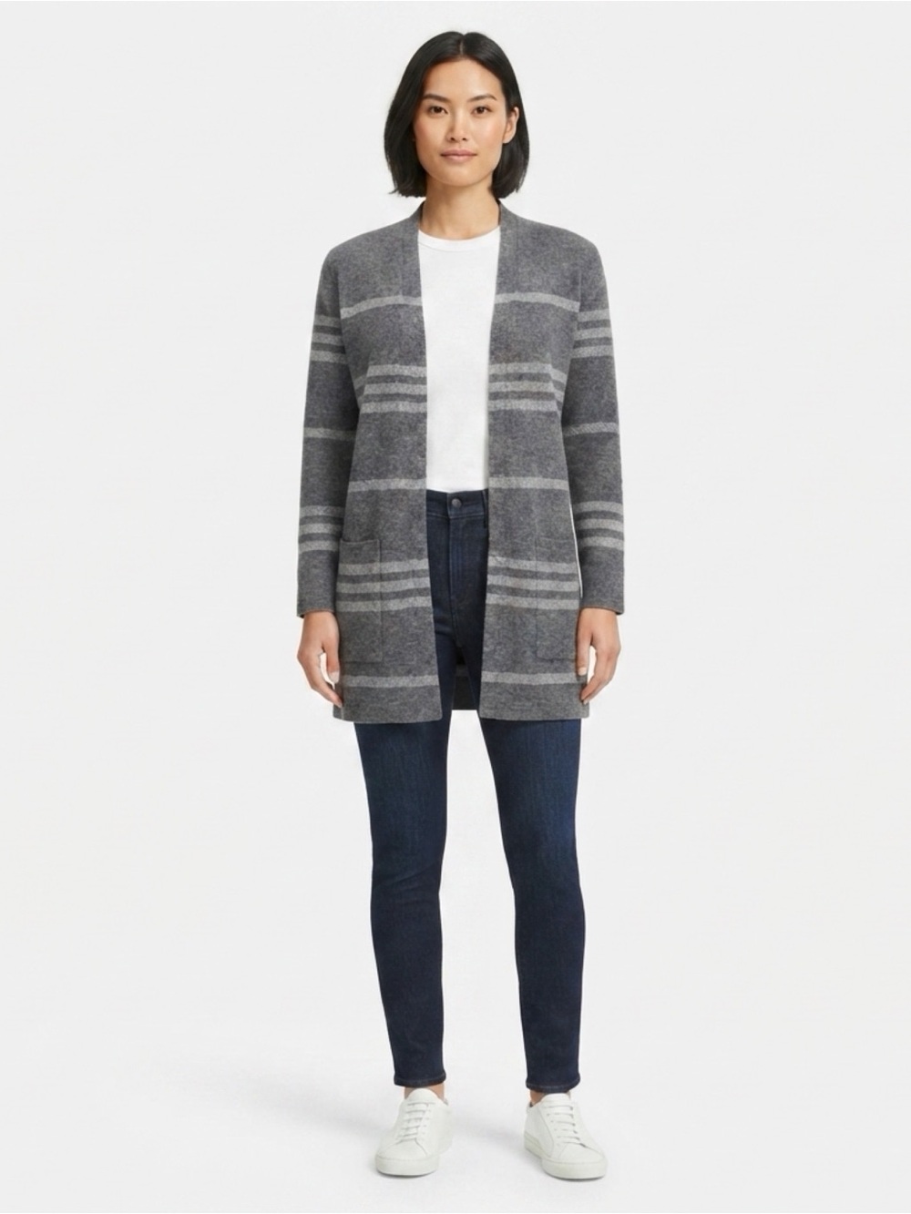 Active USA Womens Medium Gray Striped Long Open Front Cardigan Pockets